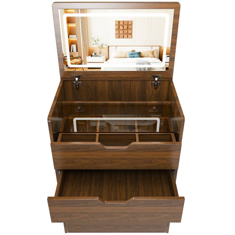3-in-1 Vanity Desk with Flip Top LED Lighted Mirror, Compact Dressing Table and Makeup Stool Set