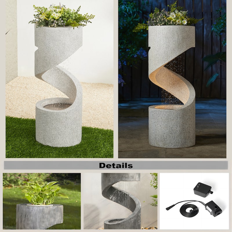 32-Inch Modern Polyresin LED Spiral Outdoor Fountain With Small Planter by Glitzhome