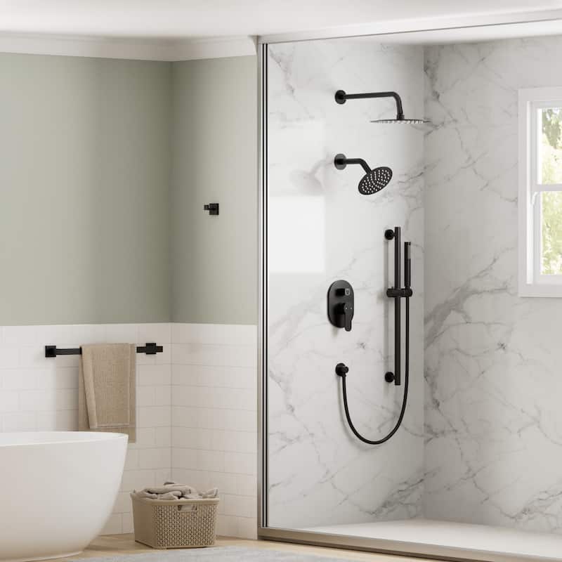 GRANDJOY Dual Heads Shower System 10" and 6" Wall Mount Rainfall Round Shower Faucet Handheld Shower Spray with Slide Bar