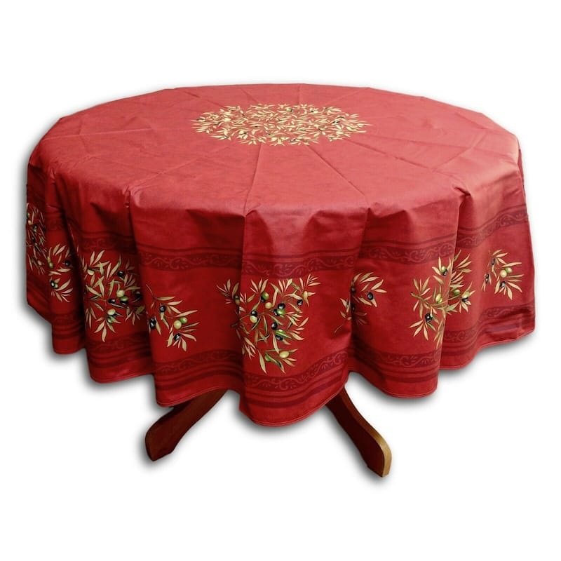 Wipeable Spill Resistant Provencal Cotton Cannes Collection Tablecloth - 71-in Round - Crimson Red Olives