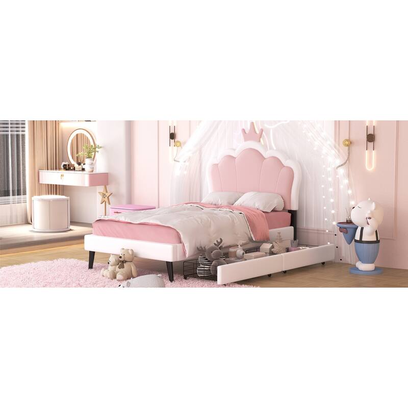 Twin Size Platform Bed with Crown Headboard and 2 Drawers, Upholstered Princess Bed