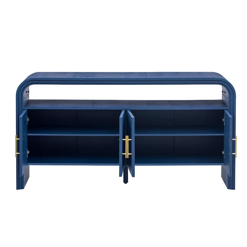 Curved Sideboard with 4 Doors, Wood Accent Entryway Console Table, Freestanding Buffet Cabinet with Open Shelves