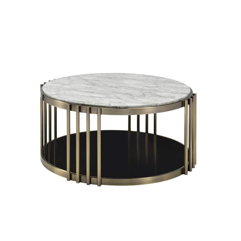 Roberts Glam Brass and White 28-inch Faux Marble 1-Shelf Drum Coffee Table by Furniture of America