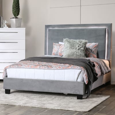 Silver Orchid Berger LED Headboard Light Grey Upholstered Platform Bed