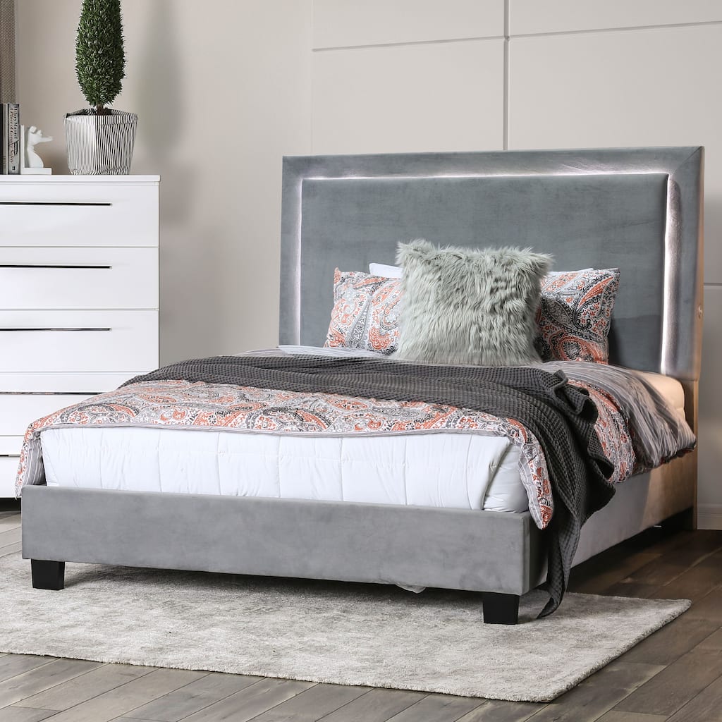Silver Orchid Berger LED Headboard Light Grey Upholstered Platform Bed