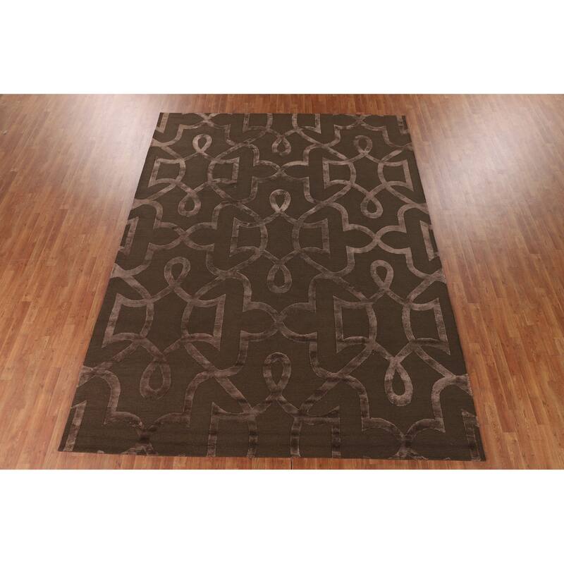 Brown Nepalese Indian Area Rug Hand-Knotted Wool Carpet - 9'1" x 11'10"