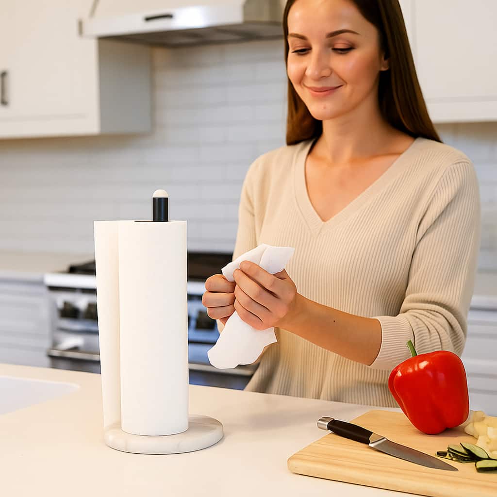 Creative Home White Marble Upright Paper Towel Holder with Black Metal Pole