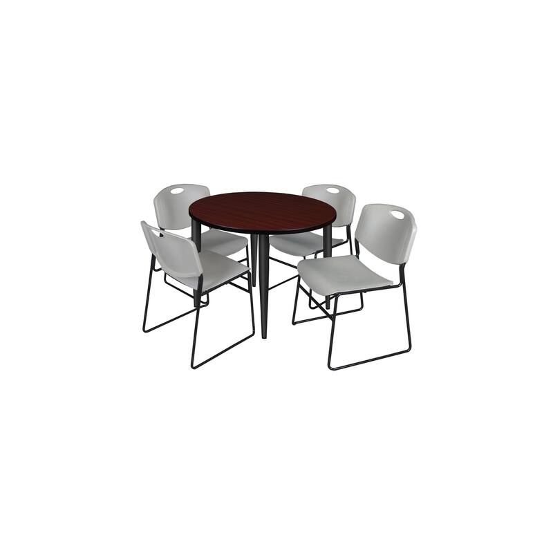 36 in. Round Breakroom Table- Mahogany Top, Black Base & 4 Stack Chairs- Grey