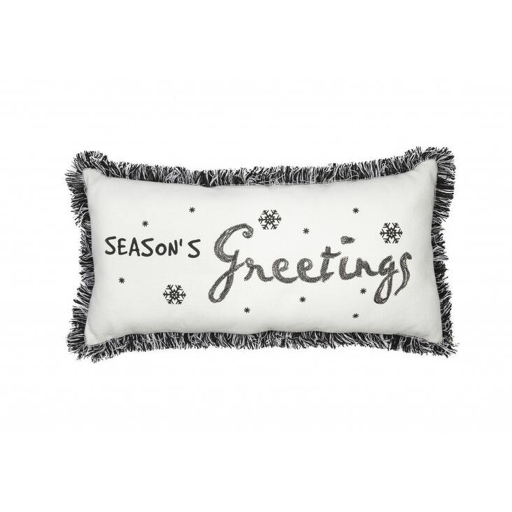 HomeRoots 10"x20" Black and White Christmas Seasons Greetings Pillow With Fringe