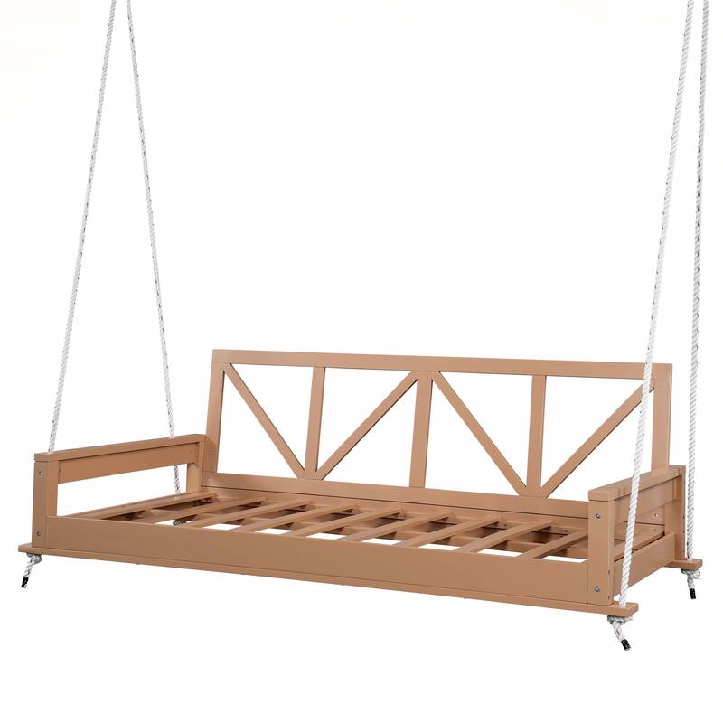 Durable Acacia Wood Twin Size Patio Swing Bed with High Backrest and 16.4ft Hemp Ropes