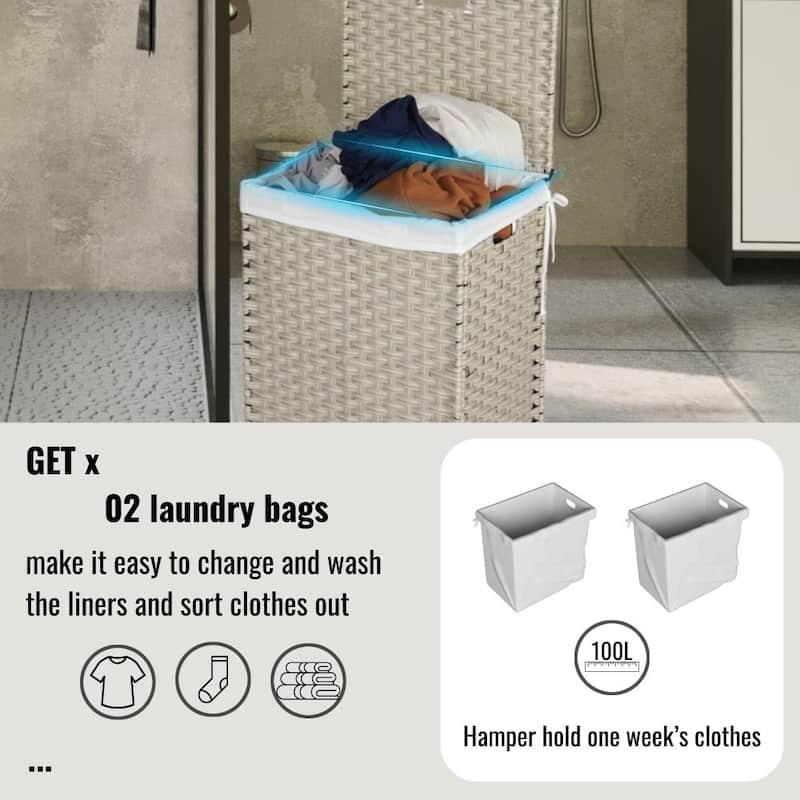 100L 24in.H Laundry Hamper With Lid PE Rattan with 2 Removable Bags