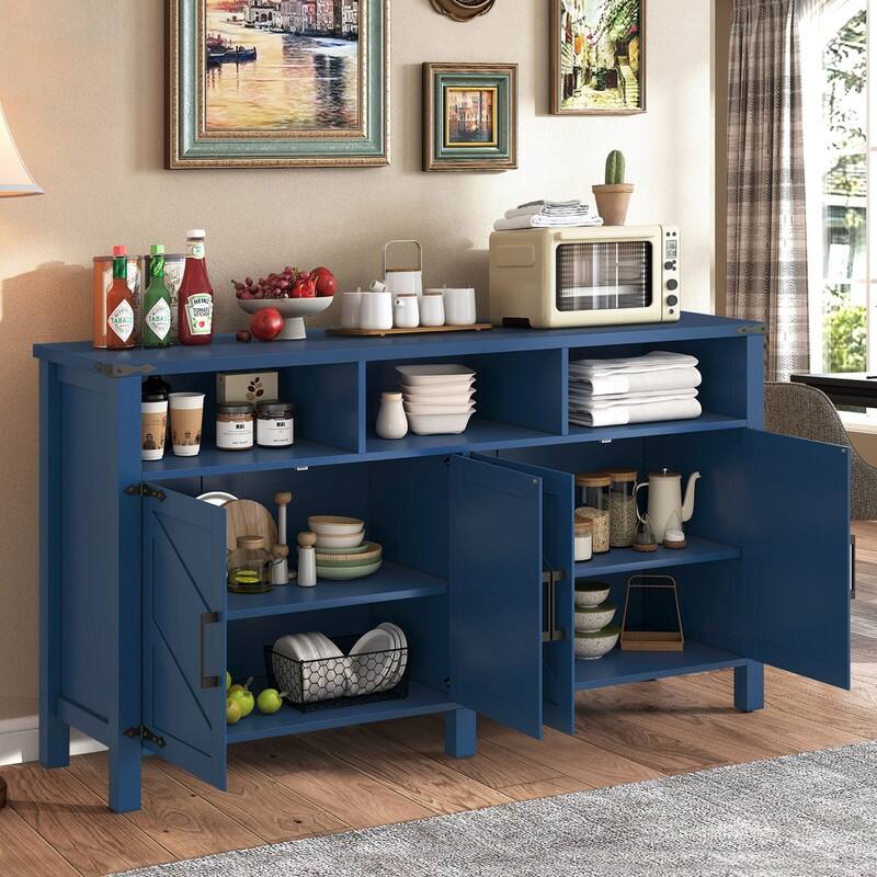 Modern 4-Door Sideboard Buffet with Power Outlets Adjustable Shelves and Half-Open Storage Design