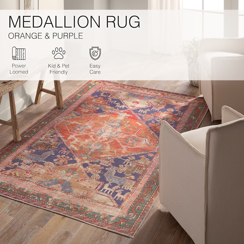 Sancho Machine Washable Medallion Orange/Purple Rug