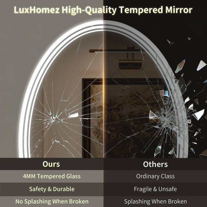 UL Certified Oval LED Bathroom wall Mirror, Anti-fog, 3-Color Dimmable