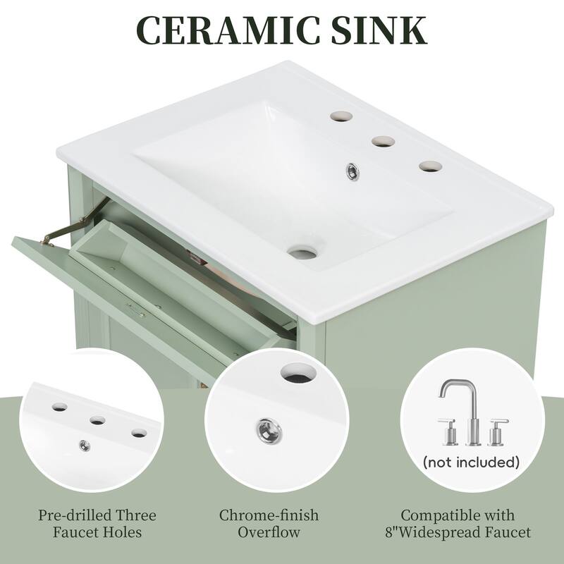 24 Inch Bathroom Vanity with Ceramic Sink, White Freestanding Vanity Cabinet with Flip-Out Drawer and Storage