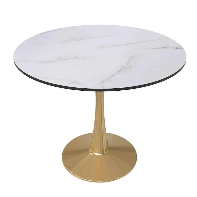 Bristol 31-inch Round Dining Table, Gold Pedestal Base Kitchen Table, Easy-Clean Scratch Resistant Surface, Floor Protectors - MDF - Marbled White