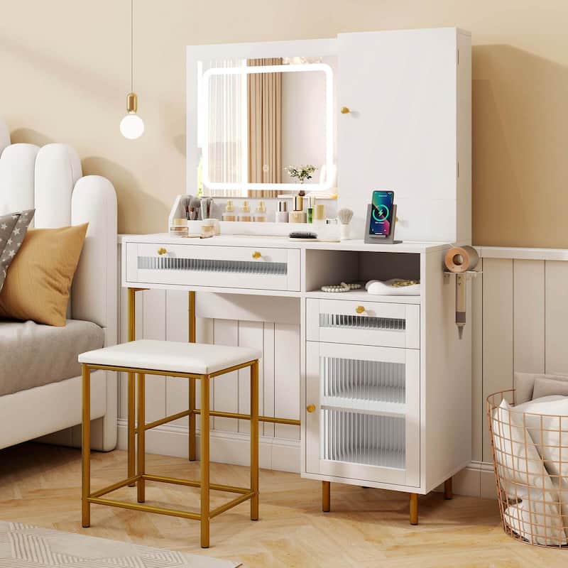 Costway Vanity Set with Mirror and Lights 3 Lighting Modes & - See Details - White + Golden