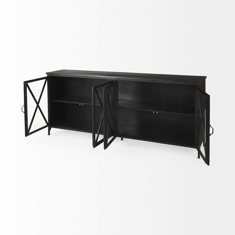 HomeRoots 79" Black Iron Sideboard with Four Glass Doors - 16' X '33' X '79
