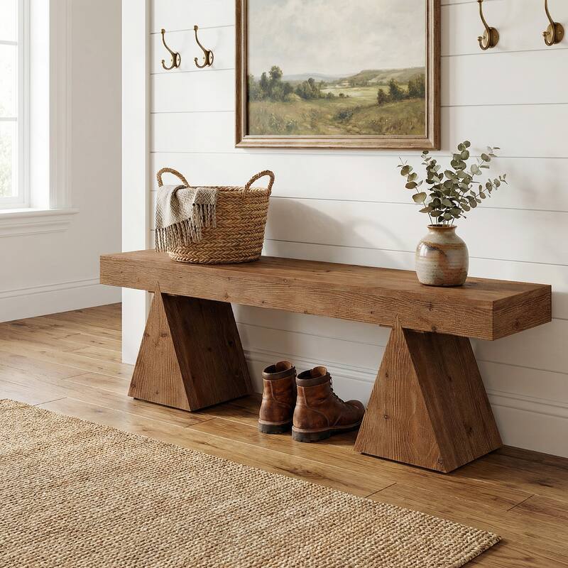 63" Solid Wood Bench, End of Bed Bench, Farmhouse Entryway Benches for Bedroom, Hallway, Kitchen