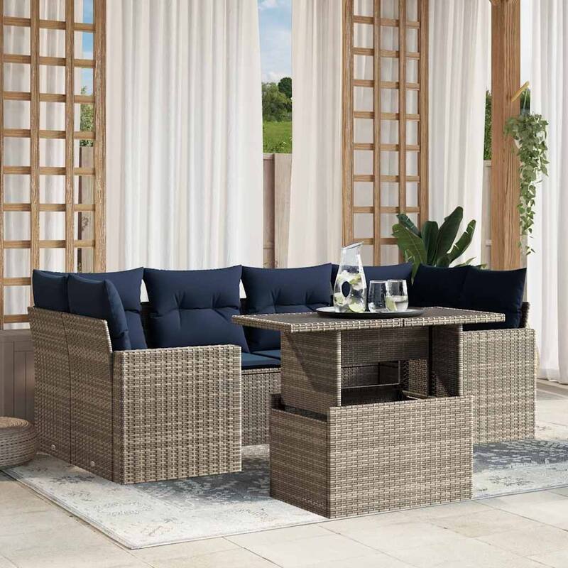 vidaXL Patio Sofa Set with Cushions and Table Outdoor 7 Piece Poly Rattan - Gray without storage