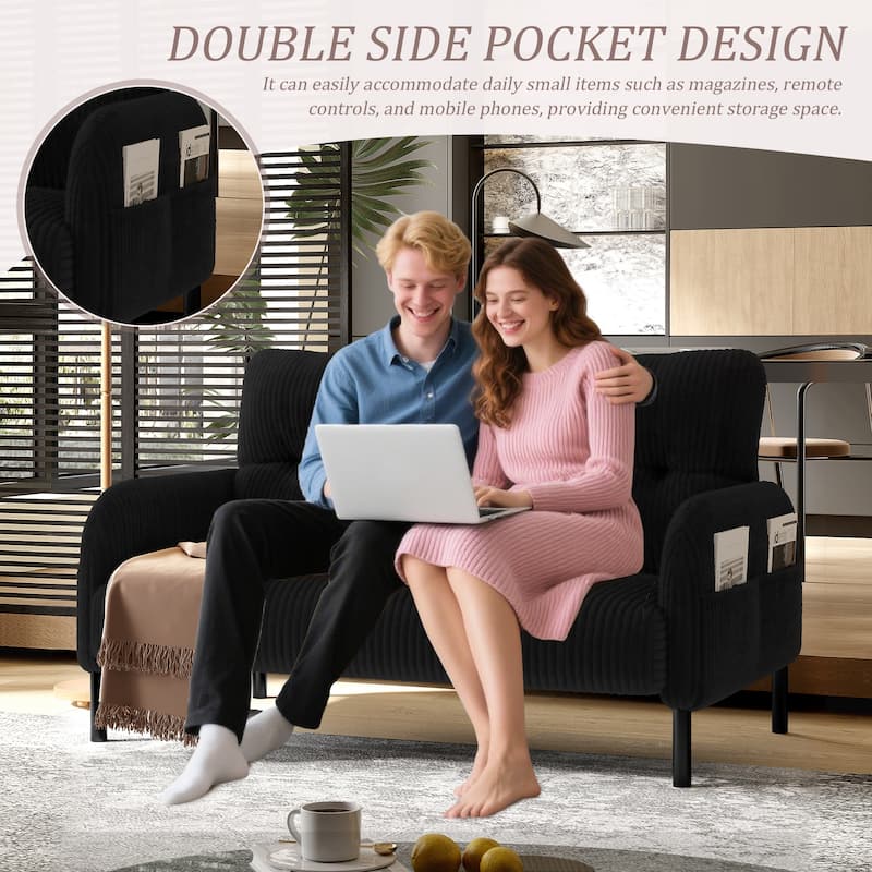 HOMEFUN Corduroy Upholstered Tufted Comfortable Wood Frame Loveseats Sofa with Double Side Pocket