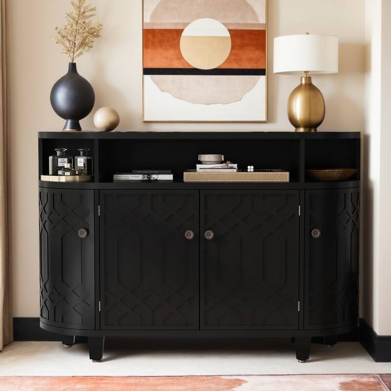 Curved Design Storage Cabinet made of Fraxinus Mandschuric Solid Wood Veneer, Featuring Four Doors and Adjustable Shelves - Black