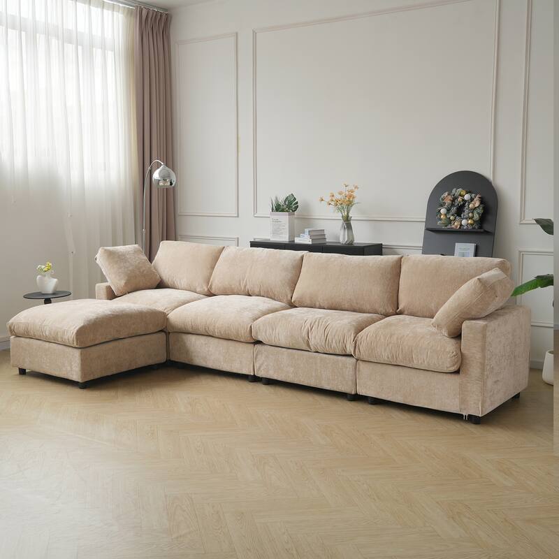 134" Cloud Sectional Couches, L Shape Couch with Ottoman, 6 Seater Modular Sectional Sofa, Cushion Covers Removable - Khaki