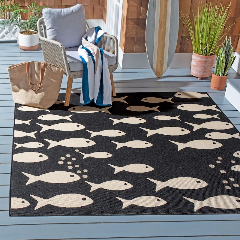 SAFAVIEH Courtyard Illa Indoor/ Outdoor Waterproof Patio Backyard Rug - 5'3" x 5'3" Square - Black/Beige