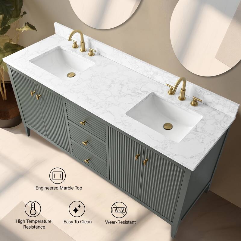 Vanity Art 72" Double Sink Bathroom Vanity Cabinet with Engineered Marble Top