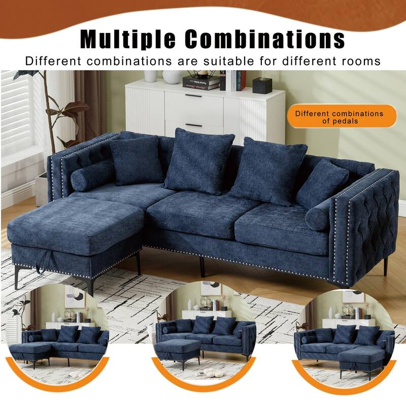 85'' L-Shaped 4 Seater Sectional Sofa with Convertible Storage Ottoman, Pillows, Solid Wood Frame, Modern Tufted Design