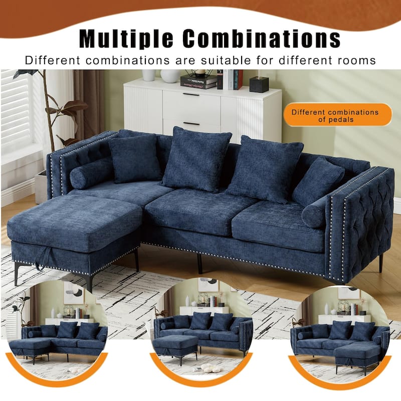 Convertible Chenille L-Shaped Sofa with Storage Ottoman and Tufted Design