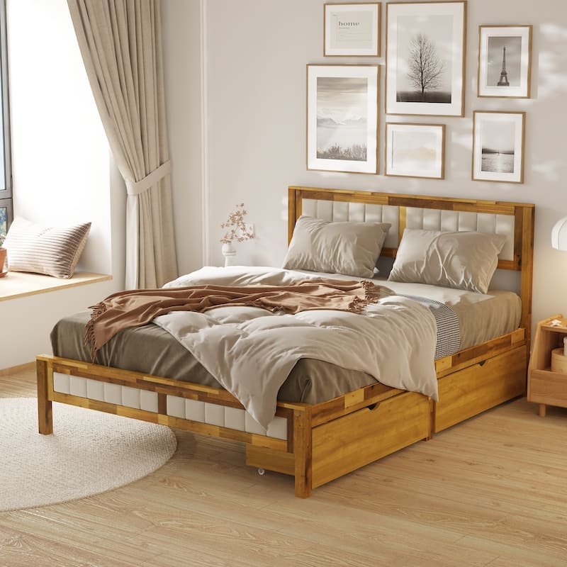 Queen Size Acacia Solid Wood Bed Fram Headboard/Drawer Platform Bed