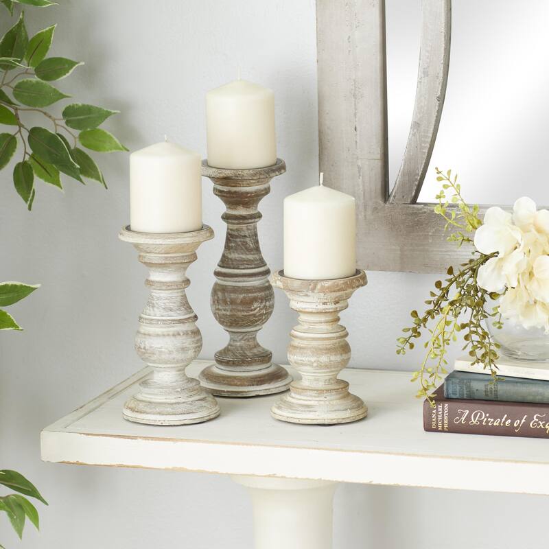 Mango Wood Distressed Turned Pillar Decorative Candle Holder - Set of 3 - Roche River Decor