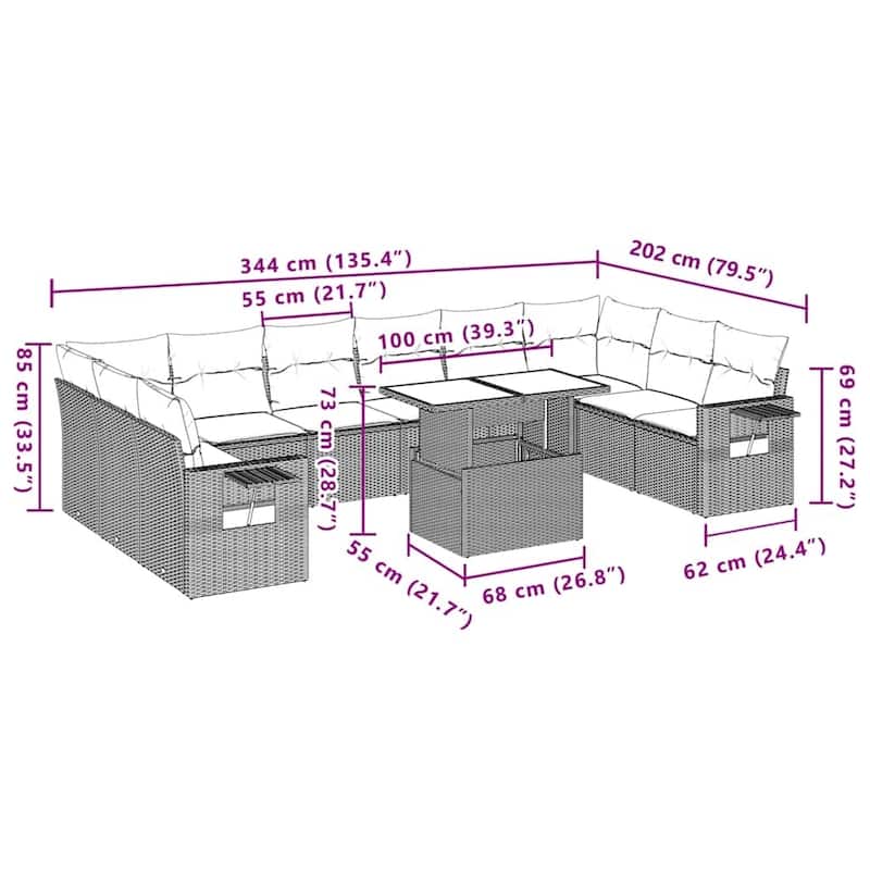 vidaXL 11 Piece Patio Sofa Set with Cushions Black/Gray Poly Rattan - 24.4 x 24.4 x 27.2