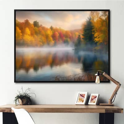 Designart "Misty Lake Ii" Landscape Forest Framed Wall Art For Living Room