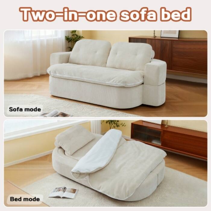 Modern Convertible Floor Sofa Bed with Corduroy Cushion, 2 Pillows & No Assembly