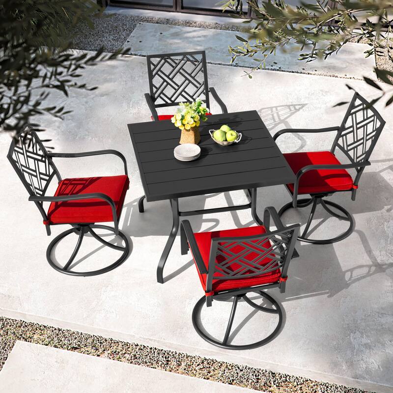 5PCS Metal Patio Dining Set with Umbrella Hole, Swivel Chairs with Cushions