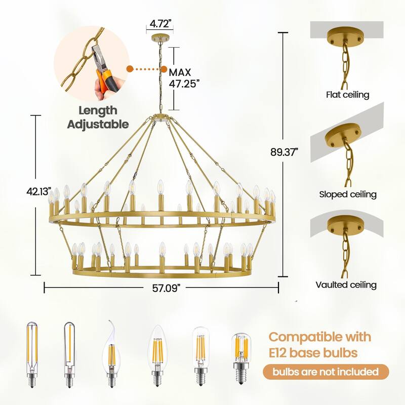 48 - Light Candle Dimmable Two Tiers Wagon Wheel Chandelier--47.09 inch