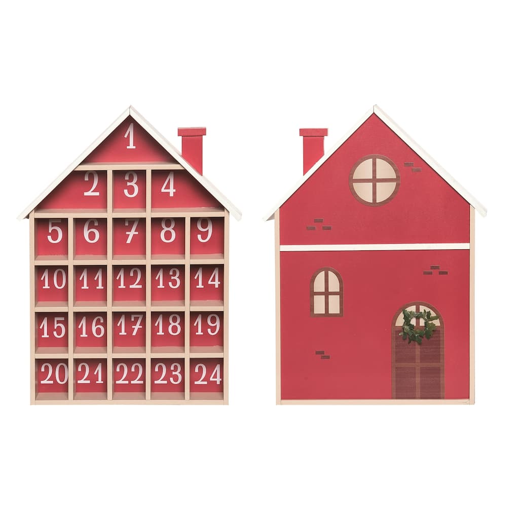 Transpac Wood 10.83 in. Red Christmas Advent Calendar House Decor - Multi