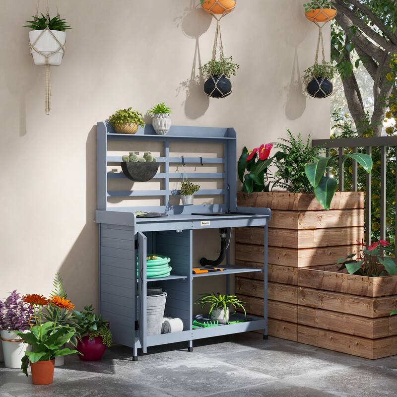 Outdoor Potting Table with Water Faucet and Storage Cabinet, Wood Garden Workstation Table with Tool Hooks - Grey