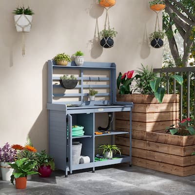 Outdoor Potting Table with Water Faucet and Storage Cabinet, Wood Garden Workstation Table with Tool Hooks
