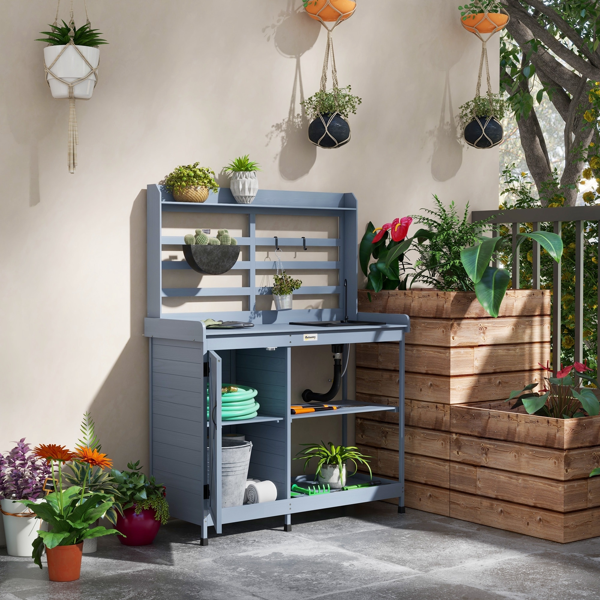 Outdoor Potting Table with Water Faucet and Storage Cabinet, Wood Garden Workstation Table with Tool Hooks