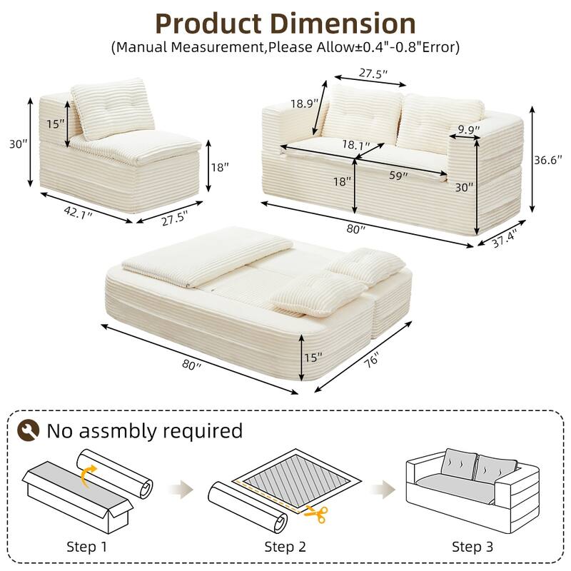 Convertible Floor Sofa Bed with Chaise Lounge, Corduroy 3-in-1 Sofa, Sofa to Bed with Dual-Purpose Blanket, No Assembly Required
