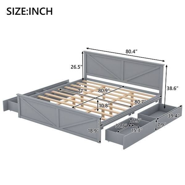 King Platform Bed with 4-Storage Drawers, Headboard and Support Legs, White