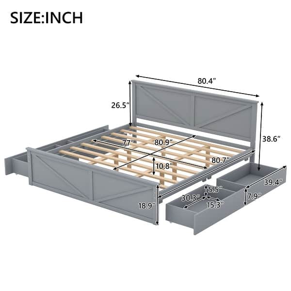 King Size Wooden Platform Kids Bed with 4-Storage Drawers, Support Legs, Headboard and Durable Pine, Easy to Assemble, White