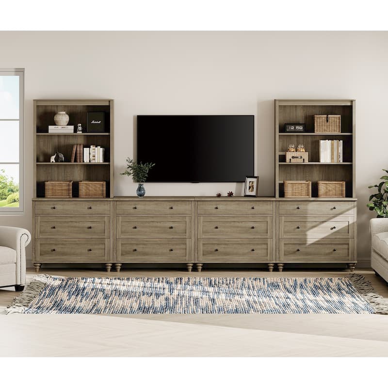 Wash Grey Farmhouse TV Stand with Wooden Doors & Drawers