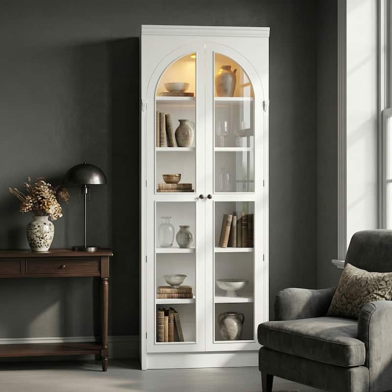 Modular White Bookcase with LED Lights & Glass Doors, 86.6" Tall Arched Display Cabinet Solid WoodStorage Cabinet