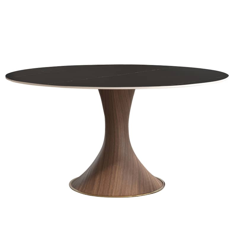 Modern Round Stone Top Black Woodgrain Pedestal Dining Table
