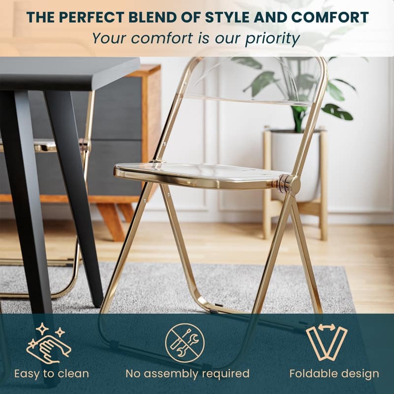 Lawrence Modern Foldable Transparent Acrylic Gold Chrome Folding Chair for Multipurpose Spaces Set of 2 - 30"