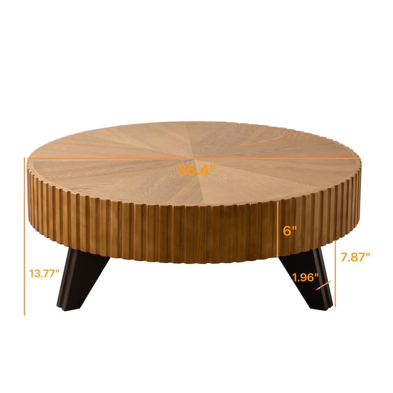35.4 Inch Retro Round Coffee Table Multifunctional Coffee Table with 3 Solid Wood Legs for Living Room, Brown